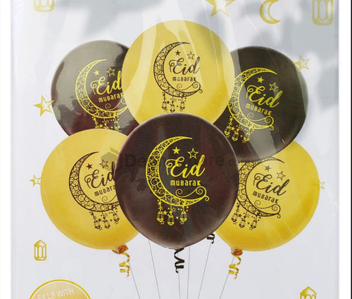 6 x Black & Gold Latex Eid Mubarak Balloons Decorations overbookedatm